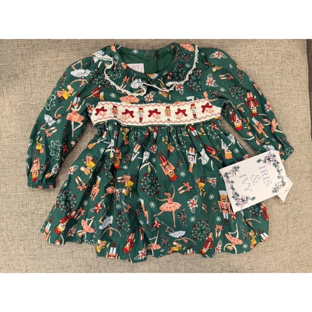 Iris & Ivy Smocked Nutcracker Green Baby Girl Dress & Bloomers 3-6 Months NWT